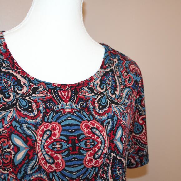 LulaRoe Carly Dress, size S, Paisley Burgundy, Tan & Blue hi-lo hem - Picture 2 of 6